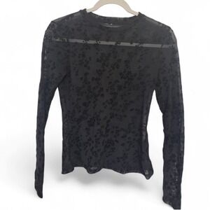 Vintage 90s Black Sheer Mesh Whimseygoth Floral Long Sleeve Top Crew Neck  S